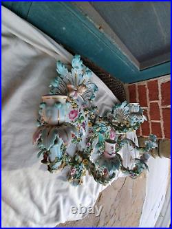 Antique German Cross Swords Mark Porcelain Cherub Flowers 3 Arm Wall Sconce Set Antique German Cross Swords Mark Porcelain Cherub Flowers 3 Arm Wall Sconce Set
