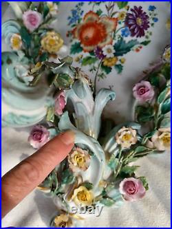 Antique German Cross Swords Mark Porcelain Cherub Flowers 3 Arm Wall Sconce Set Antique German Cross Swords Mark Porcelain Cherub Flowers 3 Arm Wall Sconce Set