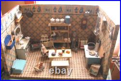 Antique German Delft blue white kitchen miniature doll house Room Box
