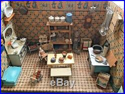 Antique German Delft blue white kitchen miniature doll house Room Box