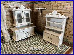 Antique German Doll House Kitchen Dining Room Blue/White Room Box WithContents