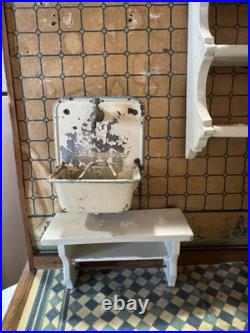 Antique German Doll House Kitchen Dining Room Blue/White Room Box WithContents