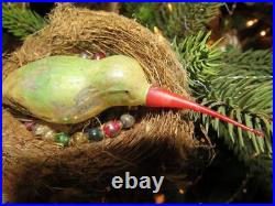 Antique German Dresden Hummingbird Real Nest Glass Christmas Ornament