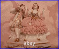 Antique German Dresden Lace Figurine of Courting Couple in Renaissance Dress