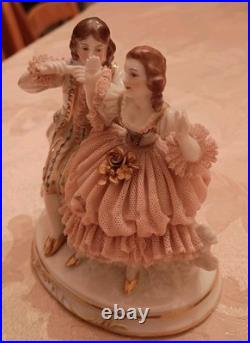 Antique German Dresden Lace Figurine of Courting Couple in Renaissance Dress