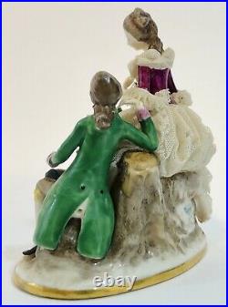 Antique German Dresden Volkstedt Lace Porcelain Group Man & Woman ONE BROKEN ARM