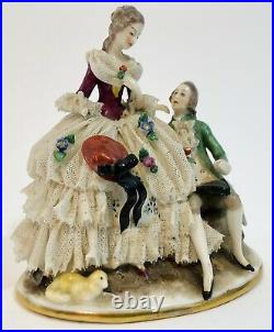 Antique German Dresden Volkstedt Lace Porcelain Group Man & Woman ONE BROKEN ARM
