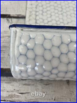 Antique German Enamelware Utensil/Spoon Holder Blue/White Chickenwire Honeycomb