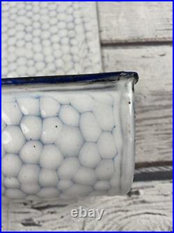 Antique German Enamelware Utensil/Spoon Holder Blue/White Chickenwire Honeycomb