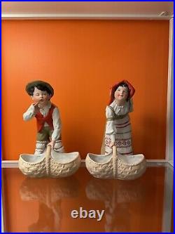 Antique German Figurine Pair Boy and Girl with Basket Statue