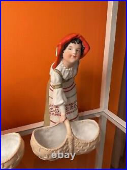 Antique German Figurine Pair Boy and Girl with Basket Statue