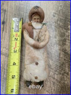 Antique German Folk Art Wool Santa Claus Paper Mache Face Christmas Ornament