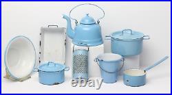 Antique German Gebruder Bing Blue Enameled Kitchen Pot Set, 1920, Germany