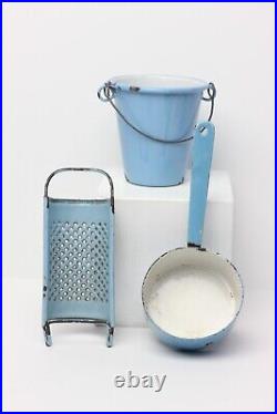 Antique German Gebruder Bing Blue Enameled Kitchen Pot Set, 1920, Germany