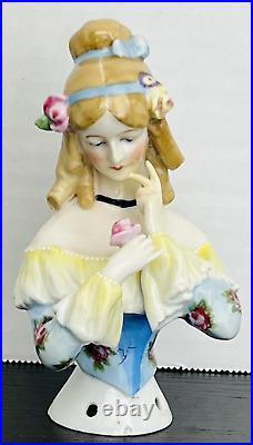 Antique German Goebel Jenny Lind Half Doll Pin Cushion Lady with Flower 5.5