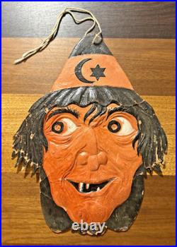 Antique German Halloween Embossed Die Cut Witch Face withMoon & Stars Hat 1920's