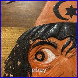 Antique German Halloween Embossed Die Cut Witch Face withMoon & Stars Hat 1920's