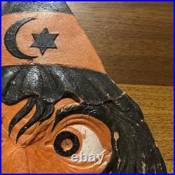 Antique German Halloween Embossed Die Cut Witch Face withMoon & Stars Hat 1920's