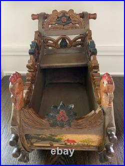 Antique German Hand-Carved Wooden Sleigh, Hand-Painted