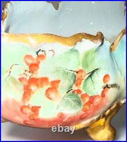 Antique German Hand Painted Centerpiece Footed Red Berrys Ivy Bowl Compote 1910