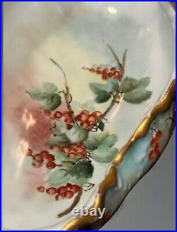 Antique German Hand Painted Centerpiece Footed Red Berrys Ivy Bowl Compote 1910