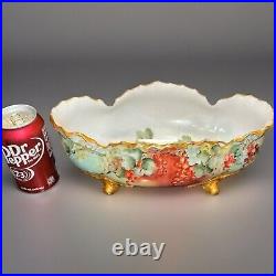 Antique German Hand Painted Centerpiece Footed Red Berrys Ivy Bowl Compote 1910