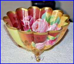 Antique German Hand Painted Fluted Gold Footed 8.5 Bowl American Beauty Roses Antique German Hand Painted Fluted Gold Footed 8.5 Bowl American Beauty Roses