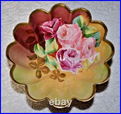 Antique German Hand Painted Fluted Gold Footed 8.5 Bowl American Beauty Roses Antique German Hand Painted Fluted Gold Footed 8.5 Bowl American Beauty Roses