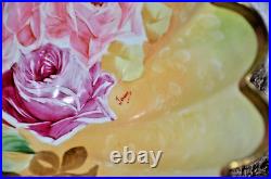 Antique German Hand Painted Fluted Gold Footed 8.5 Bowl American Beauty Roses Antique German Hand Painted Fluted Gold Footed 8.5 Bowl American Beauty Roses