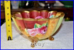 Antique German Hand Painted Fluted Gold Footed 8.5 Bowl American Beauty Roses Antique German Hand Painted Fluted Gold Footed 8.5 Bowl American Beauty Roses
