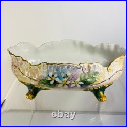 Antique German Hand Painted Gold Gilt Oval Bowl Bavaria Foot Floral Porcelain