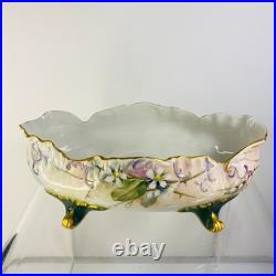 Antique German Hand Painted Gold Gilt Oval Bowl Bavaria Foot Floral Porcelain