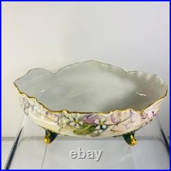 Antique German Hand Painted Gold Gilt Oval Bowl Bavaria Foot Floral Porcelain