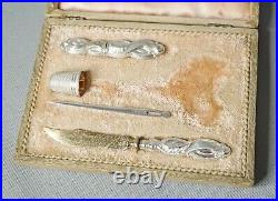 Antique German Hermann Sterling Silver Sewing Set Cased Needle Thimble Knife