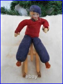 Antique German Heubach Christmas Boy on Sled Cotton Batting, Bisque
