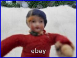 Antique German Heubach Christmas Boy on Sled Cotton Batting, Bisque