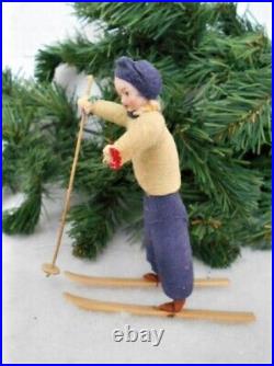Antique German Heubach Christmas Cotton Batting Girl Doll Bisque Face on Skis
