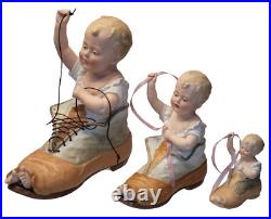 Antique German Heubach Piano Baby Boy In Shoe Figurine All Bisque Set