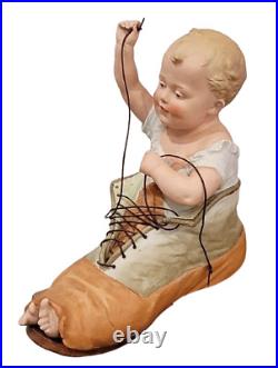 Antique German Heubach Piano Baby Boy In Shoe Figurine All Bisque Set