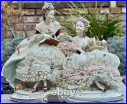 Antique German Lace Porcelain Figurine Two Ladies Reading, Holding Flowers