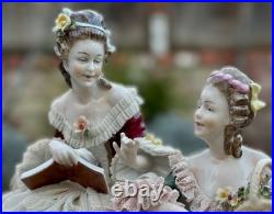 Antique German Lace Porcelain Figurine Two Ladies Reading, Holding Flowers