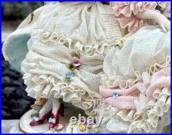 Antique German Lace Porcelain Figurine Two Ladies Reading, Holding Flowers