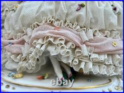 Antique German Lace Porcelain Figurine Two Ladies Reading, Holding Flowers