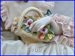 Antique German Lace Porcelain Figurine Two Ladies Reading, Holding Flowers