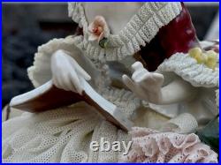 Antique German Lace Porcelain Figurine Two Ladies Reading, Holding Flowers