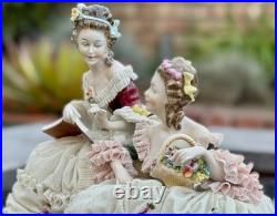 Antique German Lace Porcelain Figurine Two Ladies Reading, Holding Flowers
