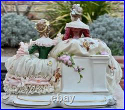 Antique German Lace Porcelain Figurine Two Ladies Reading, Holding Flowers