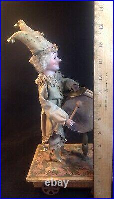 Antique German Mechanical Bisque Head Clown Character Pull Toy