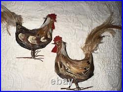 Antique German Miniature Figural Roosters With Real Feathers Wire Feet Antique German Miniature Figural Roosters With Real Feathers Wire Feet