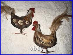 Antique German Miniature Figural Roosters With Real Feathers Wire Feet Antique German Miniature Figural Roosters With Real Feathers Wire Feet